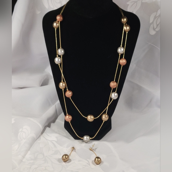 Necklace and earring set double strand  90s - Picture 3 of 9